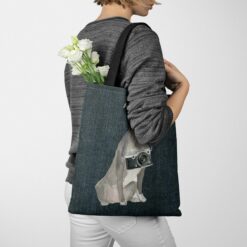 American Staffordshire terrier grey Dog Denim Style Tote Bag 51 denim dogs tote american staffordshire terrier grey dark denim tote woman jumper walking view