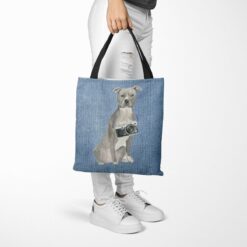 American Staffordshire terrier grey Dog Denim Style Tote Bag 53 denim dogs tote american staffordshire terrier grey gently faded denim tote woman trowsers walking view