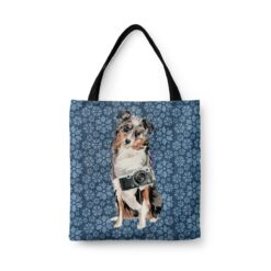 Australian Shepherd Dog Denim Style Tote Bag 47 denim dogs tote australian shepherd daisy denim front view white
