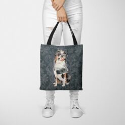 Australian Shepherd Dog Denim Style Tote Bag 50 denim dogs tote australian shepherd dark damask denim tote woman trowsers front view
