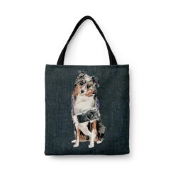 Australian Shepherd Dog Denim Style Tote Bag 46 denim dogs tote australian shepherd dark denim front view white