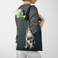 Australian Shepherd Dog Denim Style Tote Bag 51 denim dogs tote australian shepherd dark denim tote woman jumper walking view