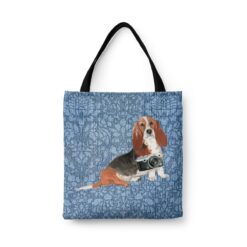 denim dogs tote basset hound bleached damask denim front view white