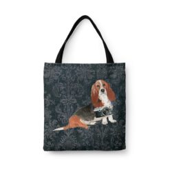 denim dogs tote basset hound dark damask denim front view white