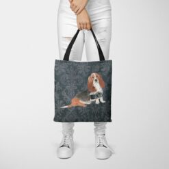 denim dogs tote basset hound dark damask denim tote woman trowsers front view