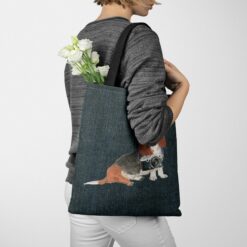 denim dogs tote basset hound dark denim tote woman jumper walking view