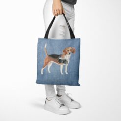 denim dogs tote beagle gently faded denim tote woman trowsers walking view
