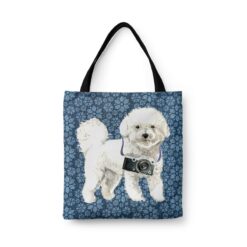 Bichon Frise Dog Denim Style Tote Bag 47 denim dogs tote bichon frise daisy denim front view white