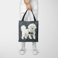 Bichon Frise Dog Denim Style Tote Bag 50 denim dogs tote bichon frise dark damask denim tote woman trowsers front view