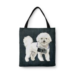 Bichon Frise Dog Denim Style Tote Bag 46 denim dogs tote bichon frise dark denim front view white