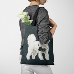 Bichon Frise Dog Denim Style Tote Bag 51 denim dogs tote bichon frise dark denim tote woman jumper walking view