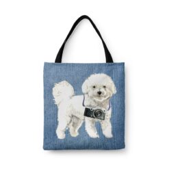 Bichon Frise Dog Denim Style Tote Bag 45 denim dogs tote bichon frise gently faded denim front view white