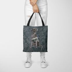 Black Lab Dog Denim Style Tote Bag 50 denim dogs tote black lab dark damask denim tote woman trowsers front view