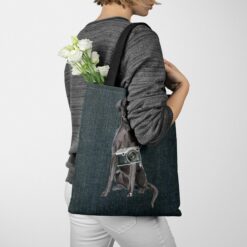 Black Lab Dog Denim Style Tote Bag 51 denim dogs tote black lab dark denim tote woman jumper walking view