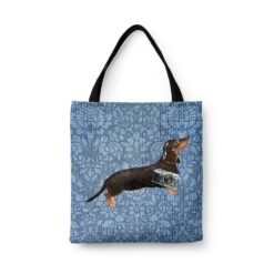 Black & Tan Dachshund Dog Denim Style Tote Bag 44 denim dogs tote black tan dachshund bleached damask denim front view white