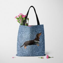 Black & Tan Dachshund Dog Denim Style Tote Bag 48 denim dogs tote black tan dachshund bleached damask denim tote standing carnations