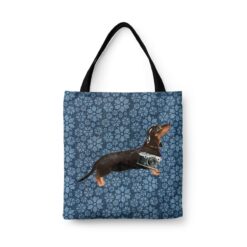 Black & Tan Dachshund Dog Denim Style Tote Bag 47 denim dogs tote black tan dachshund daisy denim front view white