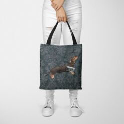 Black & Tan Dachshund Dog Denim Style Tote Bag 50 denim dogs tote black tan dachshund dark damask denim tote woman trowsers front view