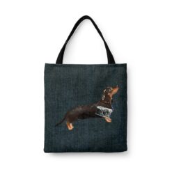 Black & Tan Dachshund Dog Denim Style Tote Bag 46 denim dogs tote black tan dachshund dark denim front view white