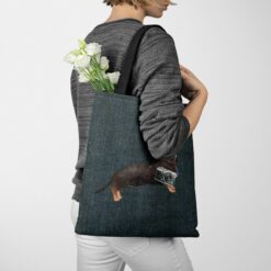 Black & Tan Dachshund Dog Denim Style Tote Bag 51 denim dogs tote black tan dachshund dark denim tote woman jumper walking view