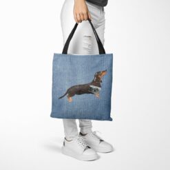 Black & Tan Dachshund Dog Denim Style Tote Bag 53 denim dogs tote black tan dachshund gently faded denim tote woman trowsers walking view