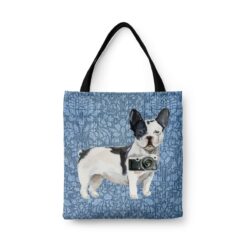 Black&white French bulldog Dog Denim Style Tote Bag 44 denim dogs tote blackwhite french bulldog bleached damask denim front view white