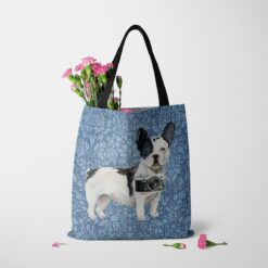 Black&white French bulldog Dog Denim Style Tote Bag 48 denim dogs tote blackwhite french bulldog bleached damask denim tote standing carnations