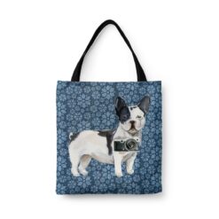 Black&white French bulldog Dog Denim Style Tote Bag 47 denim dogs tote blackwhite french bulldog daisy denim front view white