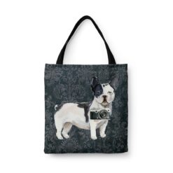 Black&white French bulldog Dog Denim Style Tote Bag 43 denim dogs tote blackwhite french bulldog dark damask denim front view white