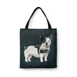 Black&white French bulldog Dog Denim Style Tote Bag 46 denim dogs tote blackwhite french bulldog dark denim front view white
