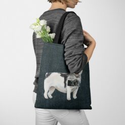 Black&white French bulldog Dog Denim Style Tote Bag 51 denim dogs tote blackwhite french bulldog dark denim tote woman jumper walking view