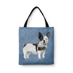 Black&white French bulldog Dog Denim Style Tote Bag 45 denim dogs tote blackwhite french bulldog gently faded denim front view white