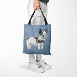 Black&white French bulldog Dog Denim Style Tote Bag 53 denim dogs tote blackwhite french bulldog gently faded denim tote woman trowsers walking view