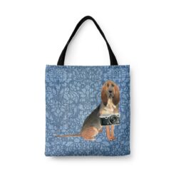 BloodHound Dog Denim Style Tote Bag 44 denim dogs tote bloodhound bleached damask denim front view white
