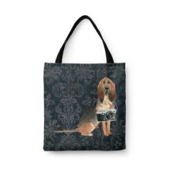 BloodHound Dog Denim Style Tote Bag 43 denim dogs tote bloodhound dark damask denim front view white