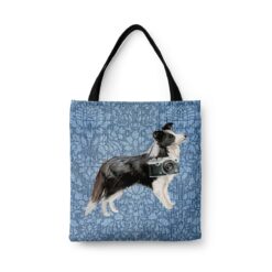 Border Collie Dog Denim Style Tote Bag 44 denim dogs tote border collie bleached damask denim front view white