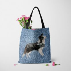 Border Collie Dog Denim Style Tote Bag 48 denim dogs tote border collie bleached damask denim tote standing carnations