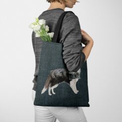 Border Collie Dog Denim Style Tote Bag 51 denim dogs tote border collie dark denim tote woman jumper walking view