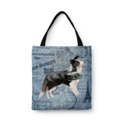 Border Collie Dog Denim Style Tote Bag 41 denim dogs tote border collie faded ephemera denim front view white