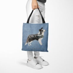 Border Collie Dog Denim Style Tote Bag 53 denim dogs tote border collie gently faded denim tote woman trowsers walking view
