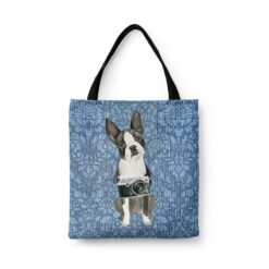 Boston Terrier Dog Denim Style Tote Bag 44 denim dogs tote boston terrier bleached damask denim front view white