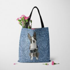 Boston Terrier Dog Denim Style Tote Bag 48 denim dogs tote boston terrier bleached damask denim tote standing carnations