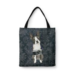Boston Terrier Dog Denim Style Tote Bag 43 denim dogs tote boston terrier dark damask denim front view white