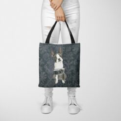 Boston Terrier Dog Denim Style Tote Bag 50 denim dogs tote boston terrier dark damask denim tote woman trowsers front view