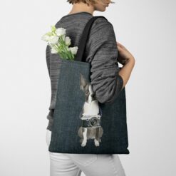 Boston Terrier Dog Denim Style Tote Bag 51 denim dogs tote boston terrier dark denim tote woman jumper walking view