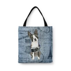 Boston Terrier Dog Denim Style Tote Bag 41 denim dogs tote boston terrier faded ephemera denim front view white