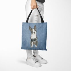 Boston Terrier Dog Denim Style Tote Bag 53 denim dogs tote boston terrier gently faded denim tote woman trowsers walking view