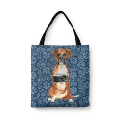 Boxer Dog Denim Style Tote Bag 47 denim dogs tote boxer daisy denim front view white