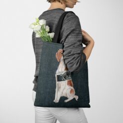 denim dogs tote brittany dark denim tote woman jumper walking view