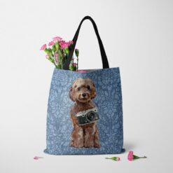 denim dogs tote brown cockapoo bleached damask denim tote standing carnations